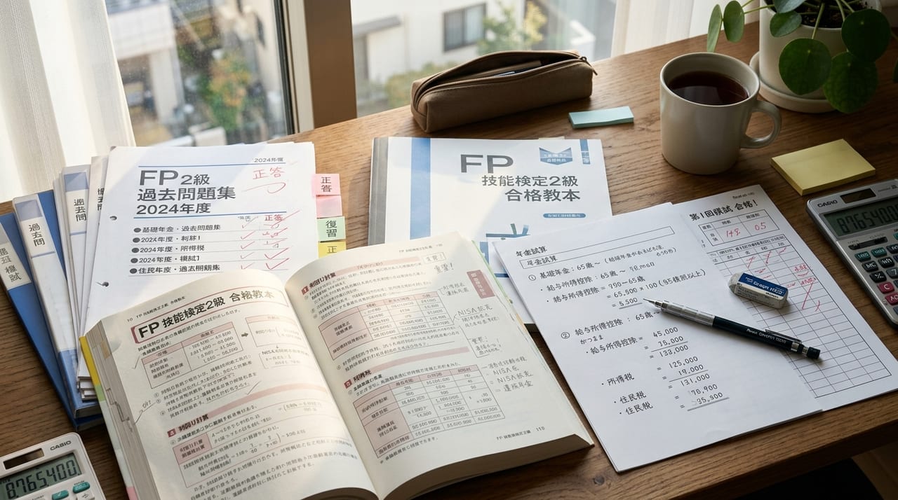 FP試験対策の教材が並ぶ勉強机
