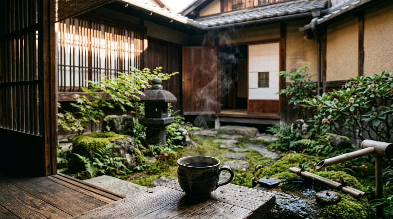 朝日が差し込む坪庭でコーヒーを楽しむ