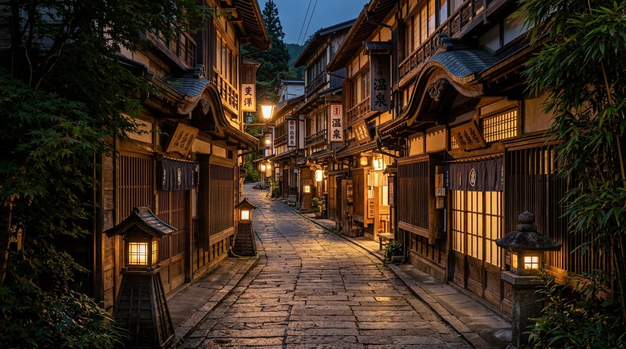 渋温泉の石畳路地、夕方の灯篭と木造旅館