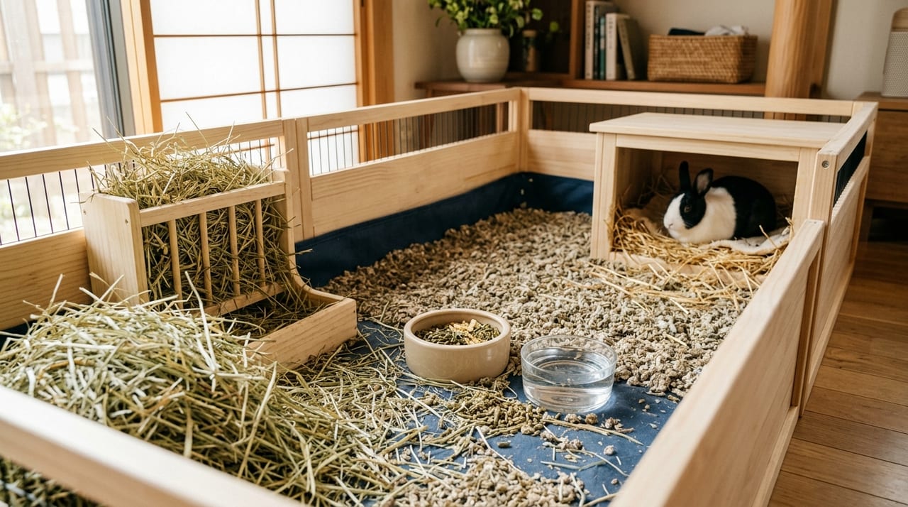 牧草ラック、ペレット皿、給水器が整備されたうさぎケージ